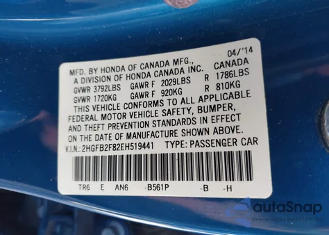 2014 Honda Civic Ex from USA, damaged, VIN 2HGFB2F82EH519441